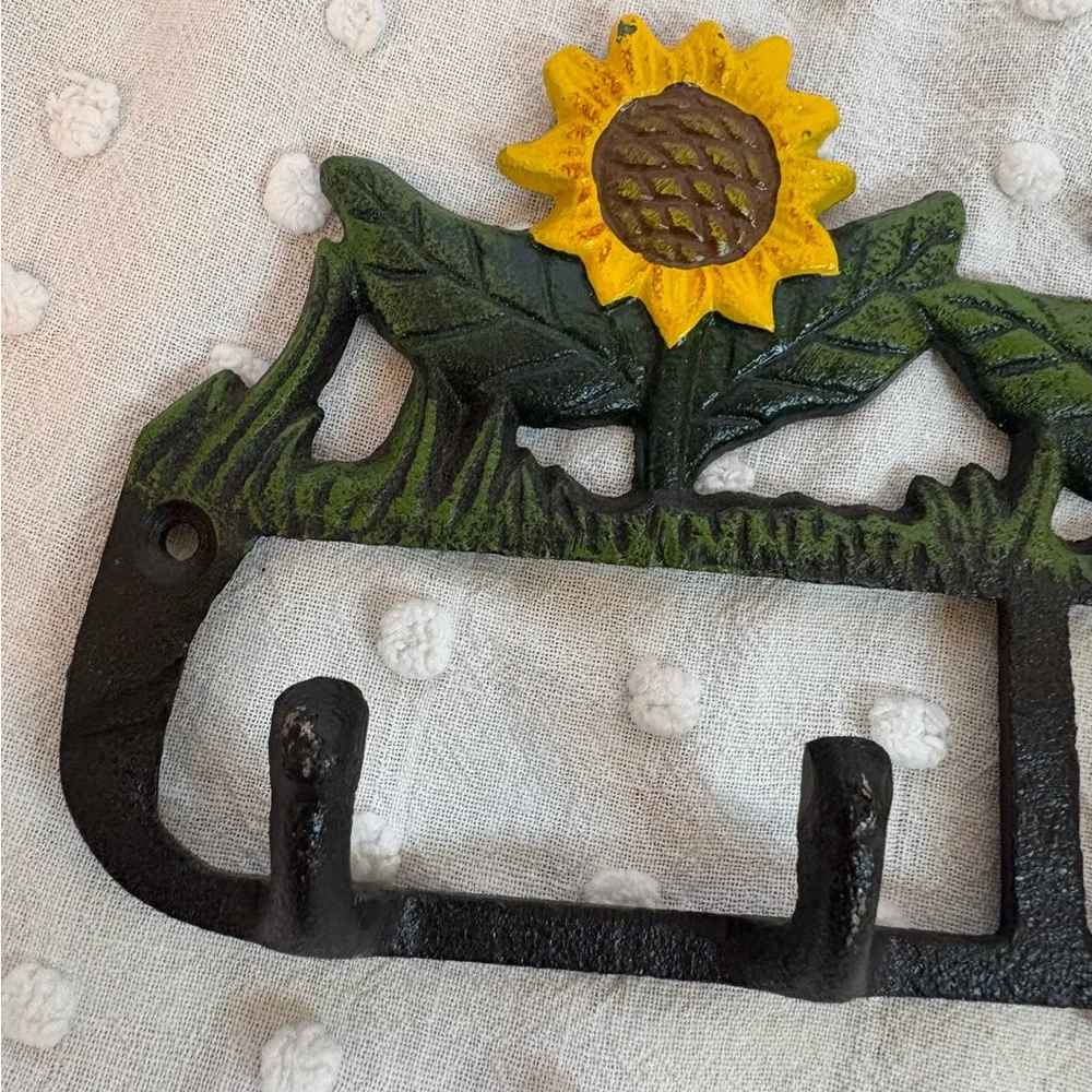 VINTAGE Farmhouse Cast Iron HOOK WALL HANGER Sunflowers